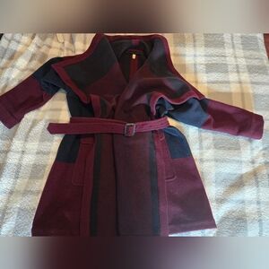 Burberry Brit Wool And Cashmere Burgundy and Black Wrap Belted Coat